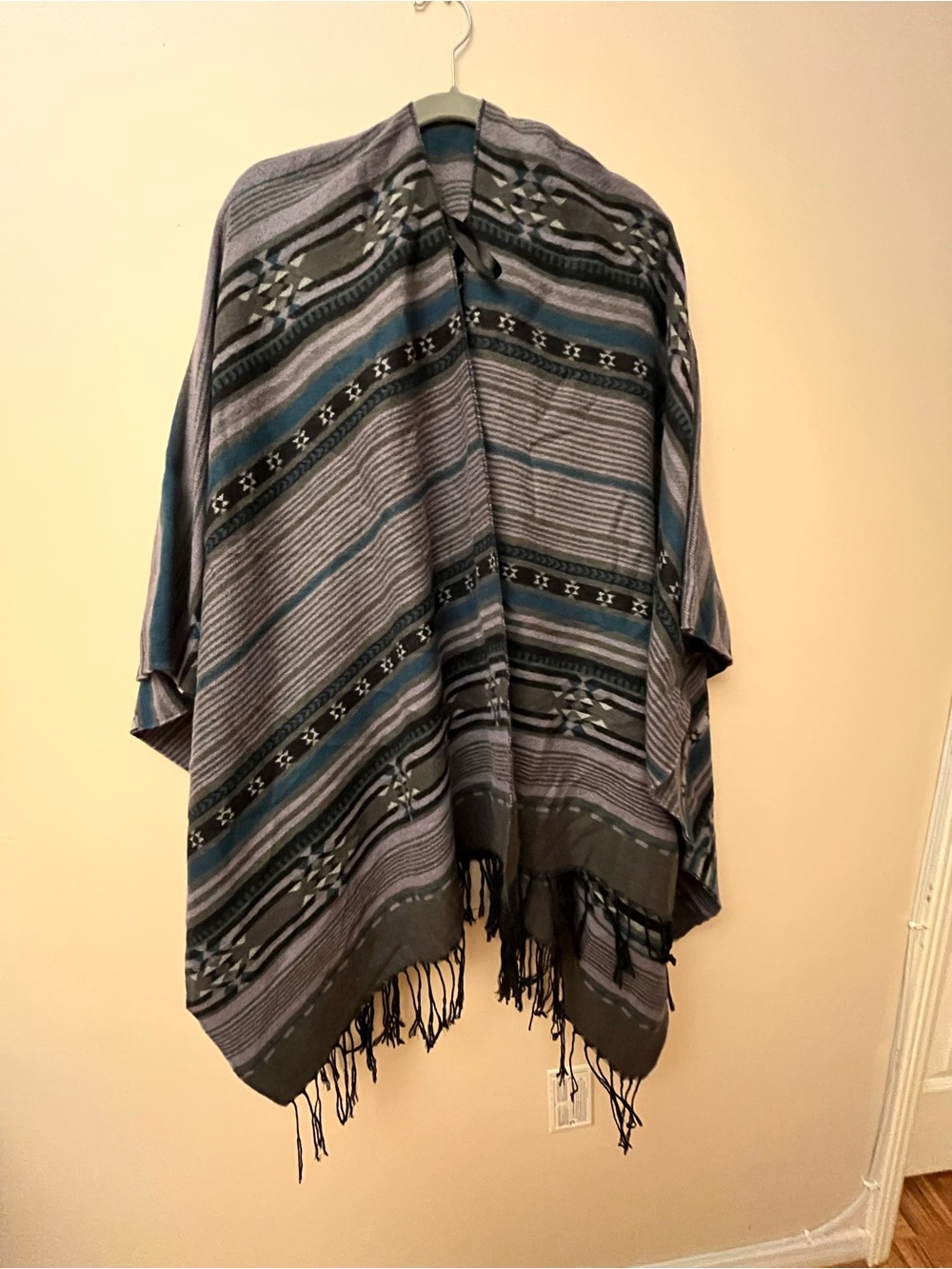Classic Striped Gray and Blue Poncho Wrap - Brand Unspecified